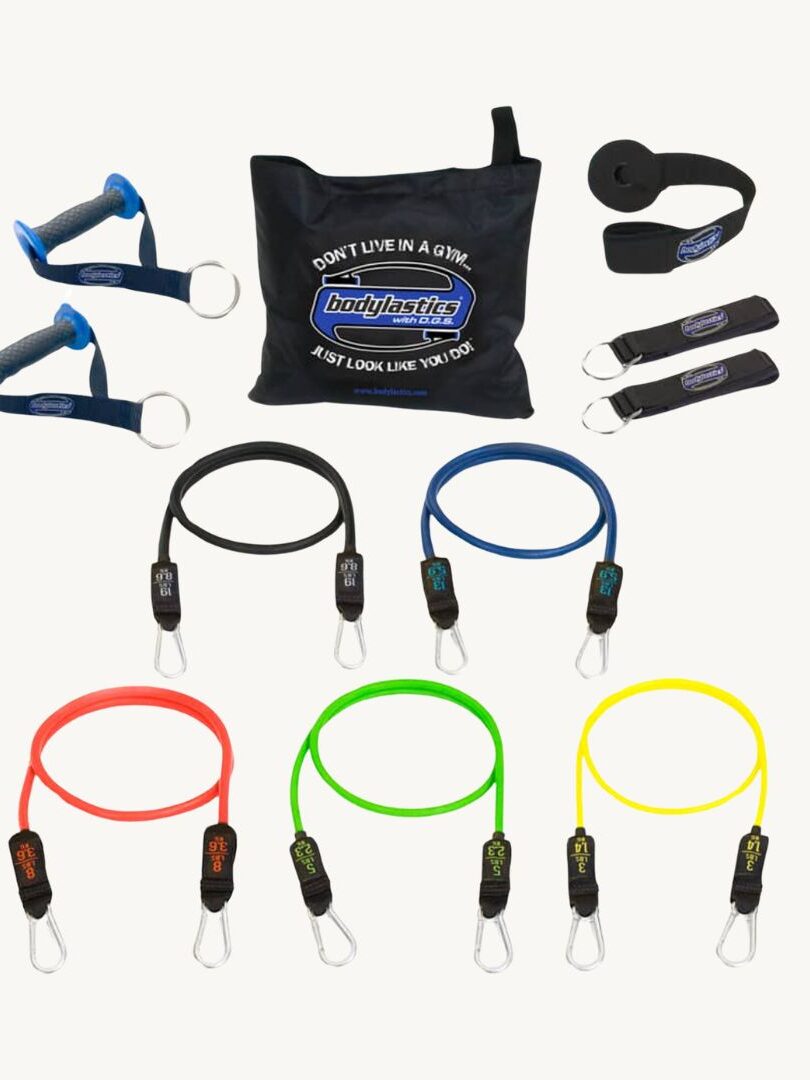 A set of exercise resistance bands with various color-coded bands, handles, ankle straps, door anchor, and a black carrying bag—perfect to pair with massage guns for a complete workout and recovery routine.