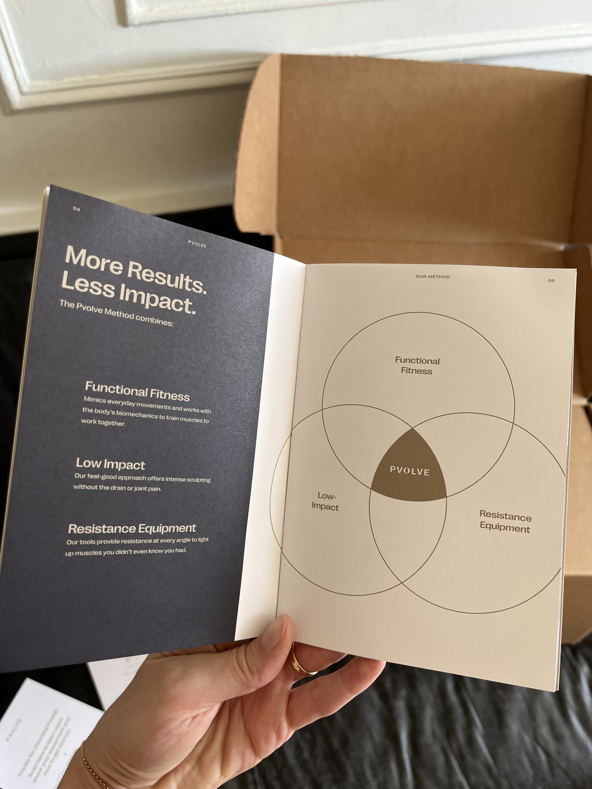 A person holds open a booklet showing the P.volve fitness method, featuring a Venn diagram on the right page and text on the left page discussing functional fitness, low impact, and resistance equipment.