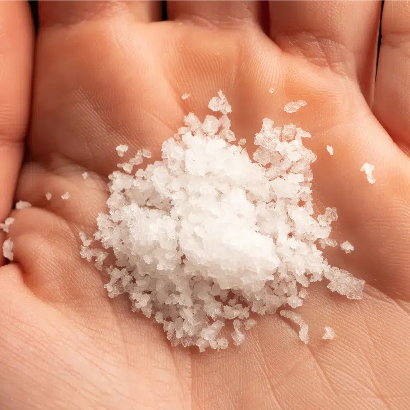 A hand holding a small pile of coarse sea salt.