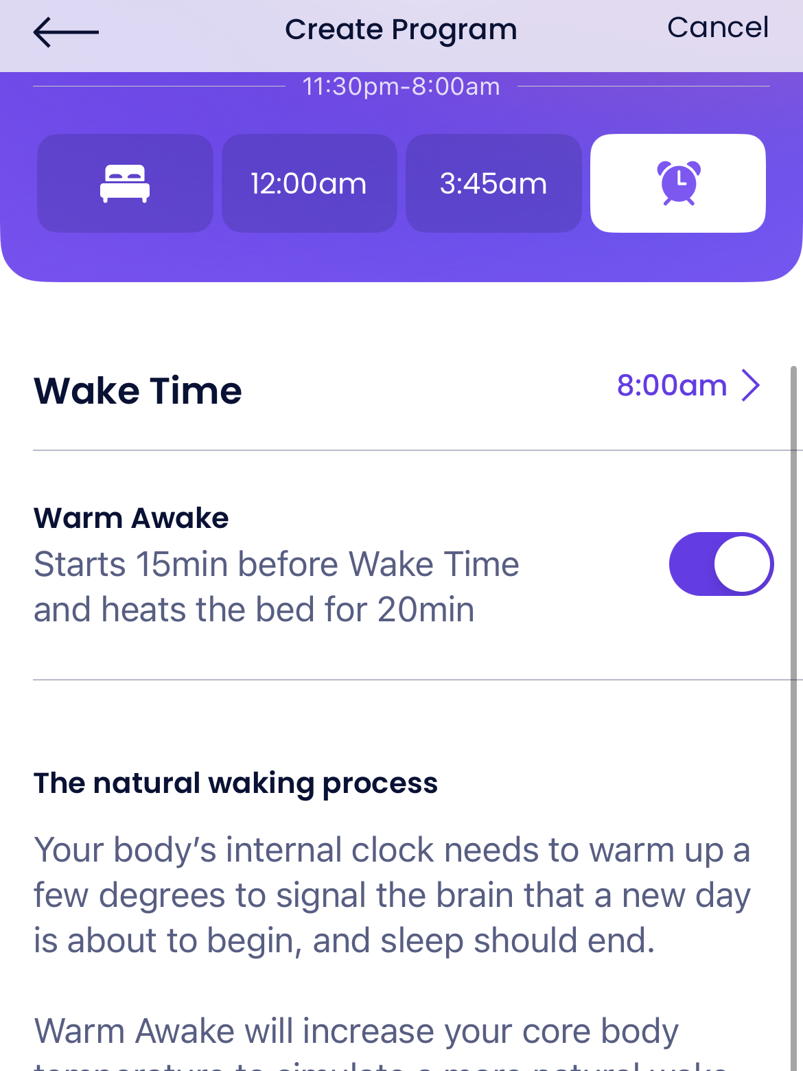 A mobile app screen showing settings for creating a wake-up program. Options include time slots and "Warm Awake," which starts 15 mins before wake time and heats the bed for 20 mins.