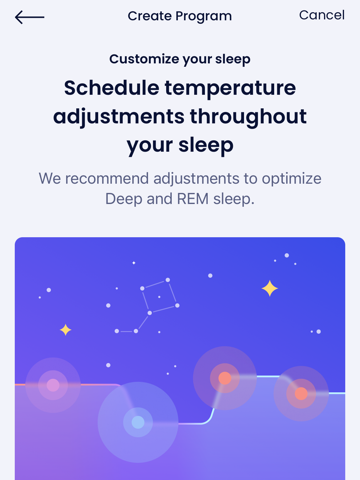 A mobile screen showing options to customize sleep by scheduling temperature adjustments. There is a visual with constellations and a gradient background. A "Continue" button is at the bottom.