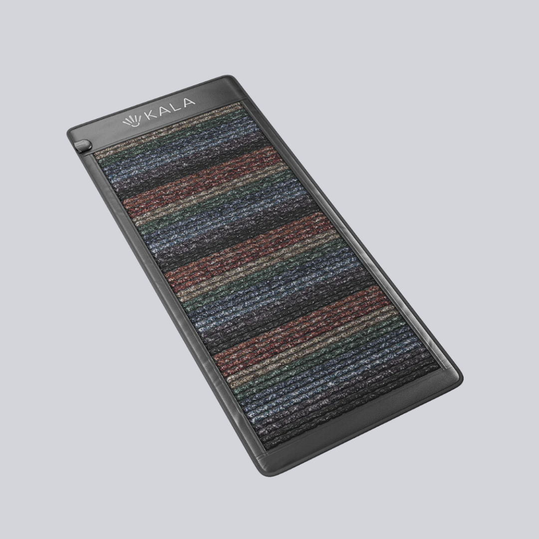 Rectangular multi-colored striped woven fabric panel with a black border and a small "KALA" logo at the top, perfect for complementing your space alongside modern accessories like massage guns.