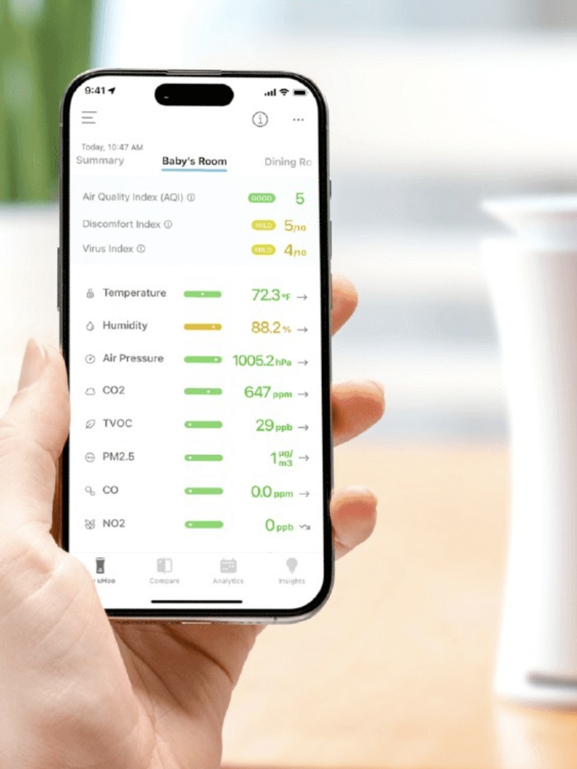 A person holding a smartphone displaying air quality data stands by a white uHoo air quality sensor on the table.