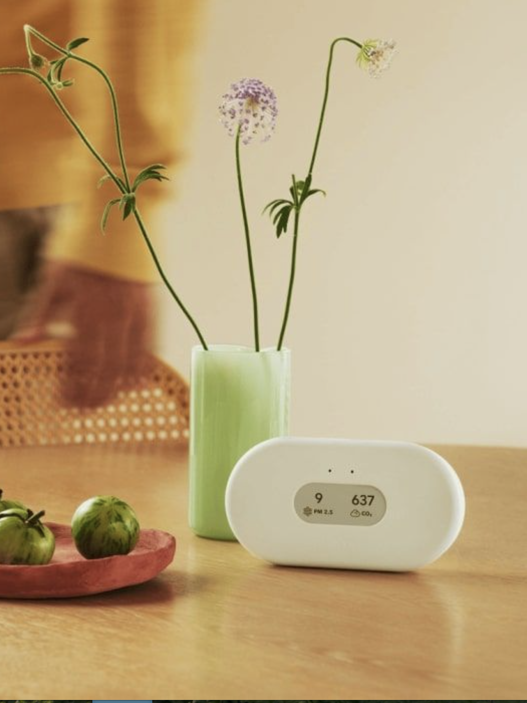 A digital air quality monitor sits on a wooden table beside a green vase with flowers, a red tray with green tomatoes.