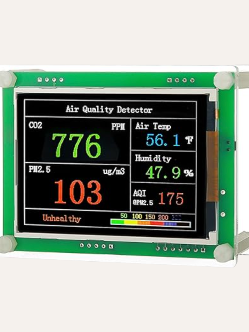 Experience clarity with our digital air quality detector. It displays readings for CO2, air temperature, humidity, PM2.5, and AQI, all clearly labeled for your convenience.